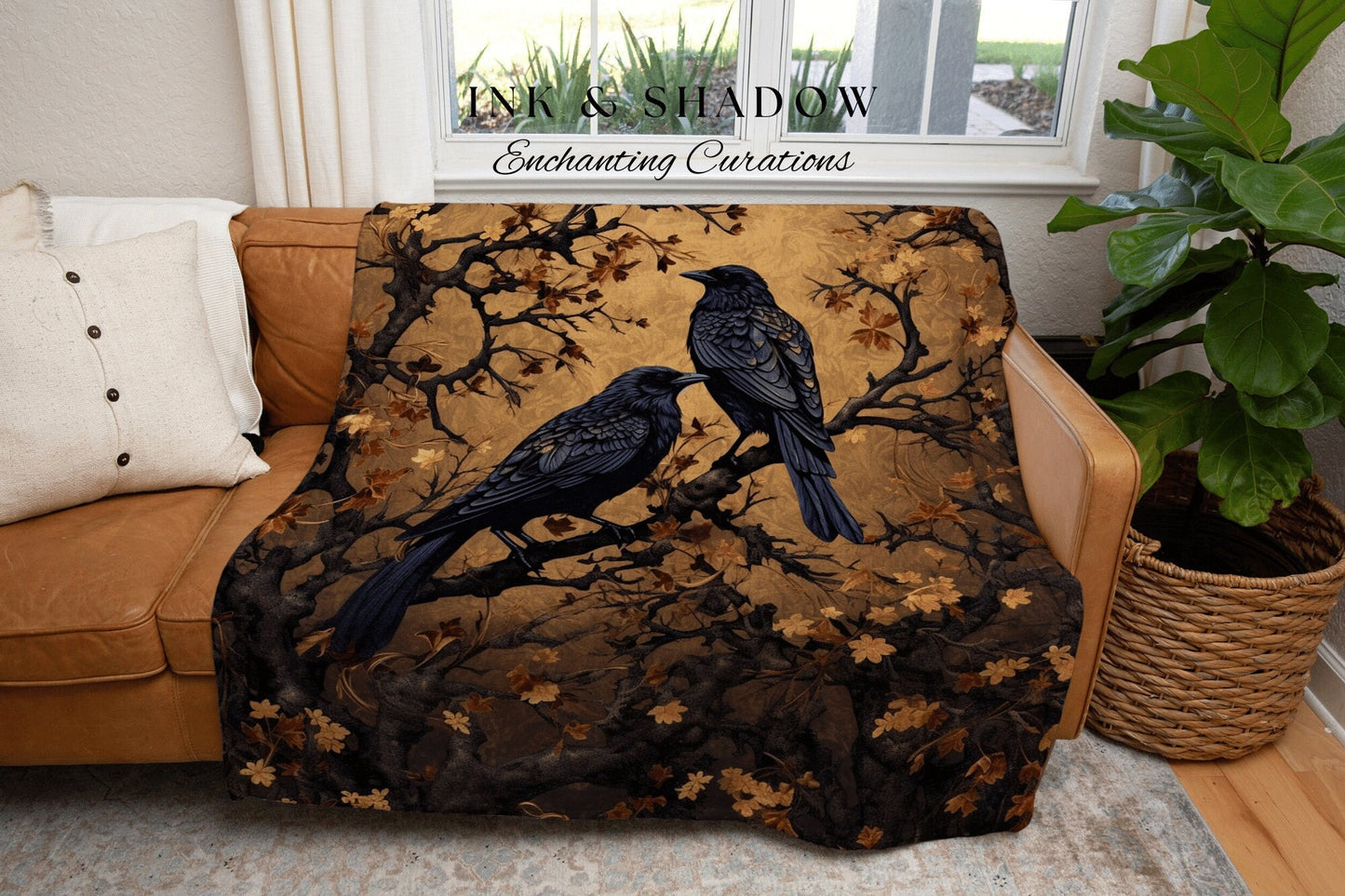 Crow Decor Gothic Tapestry Whimsigoth Blanket | Dark Cottagecore Tapestry Raven Home Decor | Crowcore Woven Goth Blanket Witchy Room Decor |