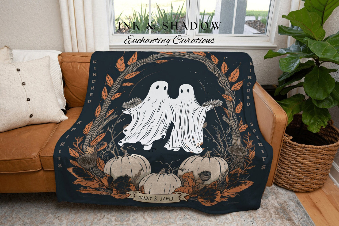 Kindred Spirits Spooky Halloween Decor Personalized Ghost Couple Blanket | Cottagecore Halloween Tapestry Ghost Blanket Cute Halloween Gift