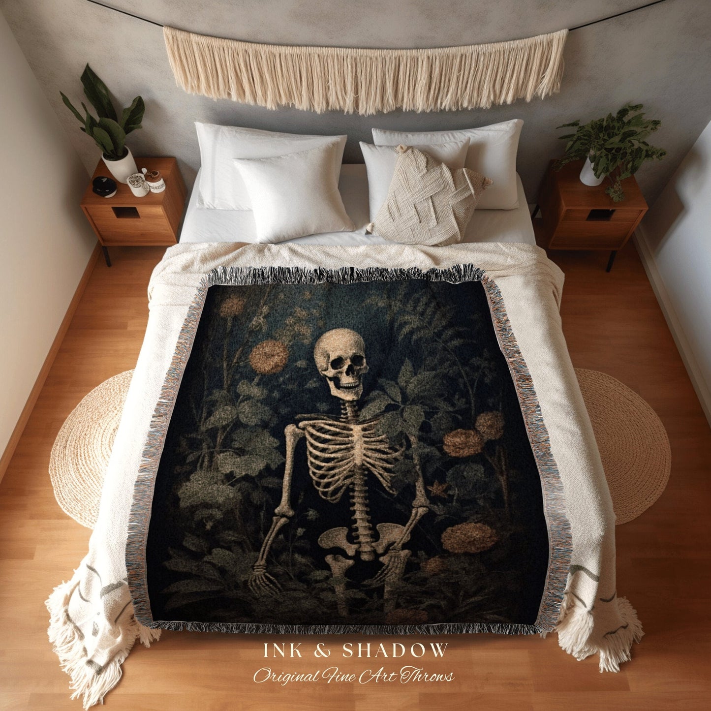 Botanical Skeleton Art Tapestry Woven Throw Blanket Vintage | Dark Academia Wall Decor Skeleton Painting Gothic Tapestry Nature