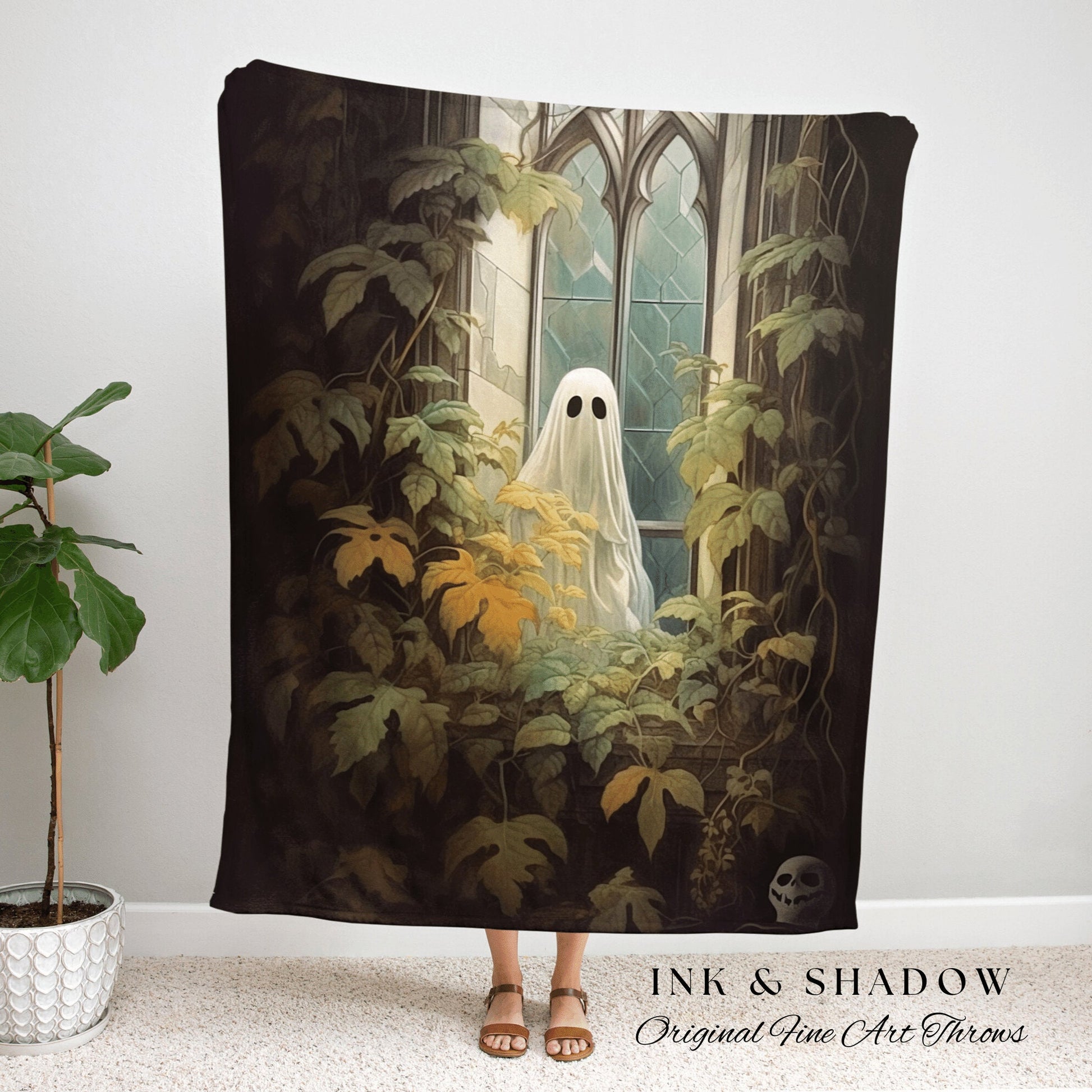 Haunted Ghost In Window Spooky Vibes | Fall Aesthetic Vintage Ghost Art Woven Tapestry Halloween Decor Dark Academia Wall Art Ghost Blanket