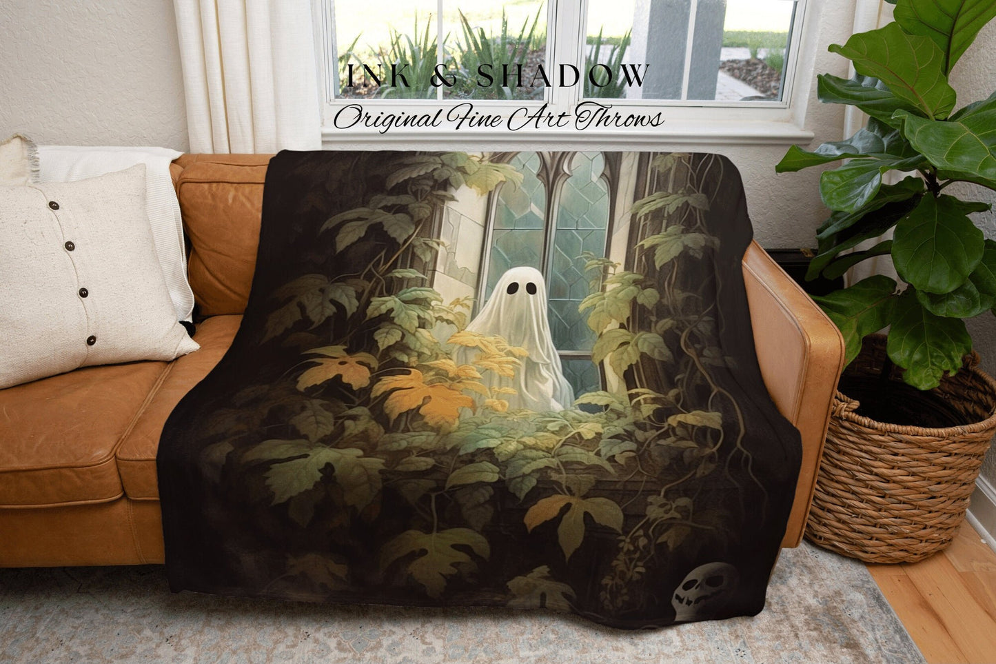 Haunted Ghost In Window Spooky Vibes | Fall Aesthetic Vintage Ghost Art Woven Tapestry Halloween Decor Dark Academia Wall Art Ghost Blanket