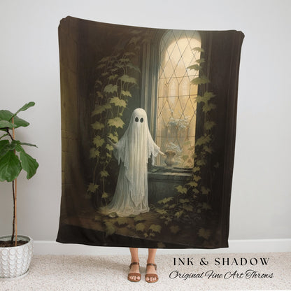 Gothic Garden Ghost Halloween Art Blanket Woven | Fall Aesthetic Vintage Ghost Art Woven Tapestry Halloween Decor Dark Academia Blanket Goth