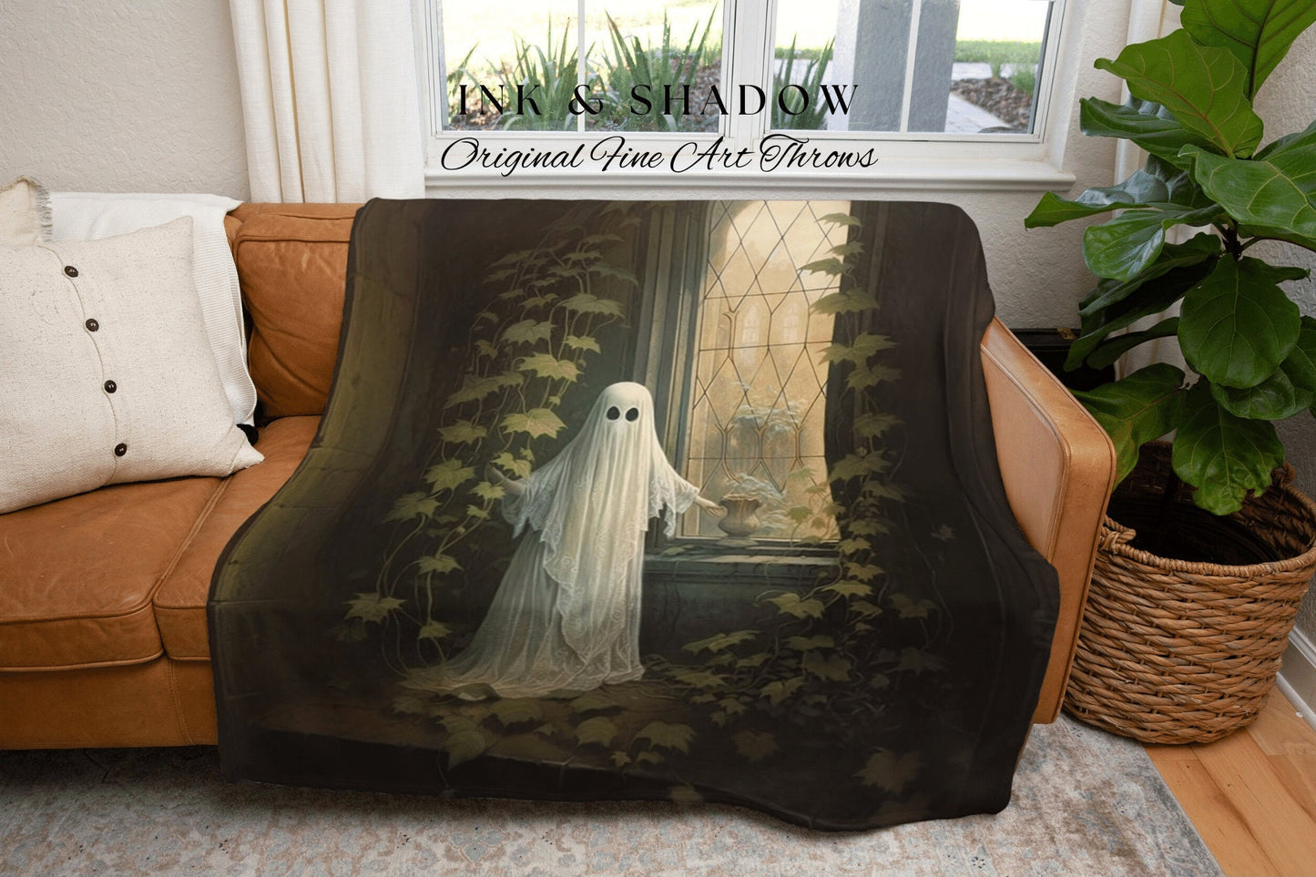 Gothic Garden Ghost Halloween Art Blanket Woven | Fall Aesthetic Vintage Ghost Art Woven Tapestry Halloween Decor Dark Academia Blanket Goth