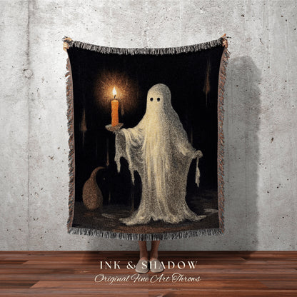 Ghost Holding A Candle | Vintage Halloween Decor Woven Wall Art Ghost Blanket | Spooky Vibes Ghost Art Original Haunted Ghost Goth Tapestry