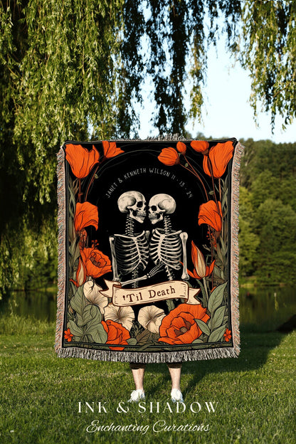 Till Death Do Us Part Personalized Wedding Gift Goth Tapestry Woven Blanket | Skeleton Couple Custom Blanket Goth Engagement Gothic Tapestry