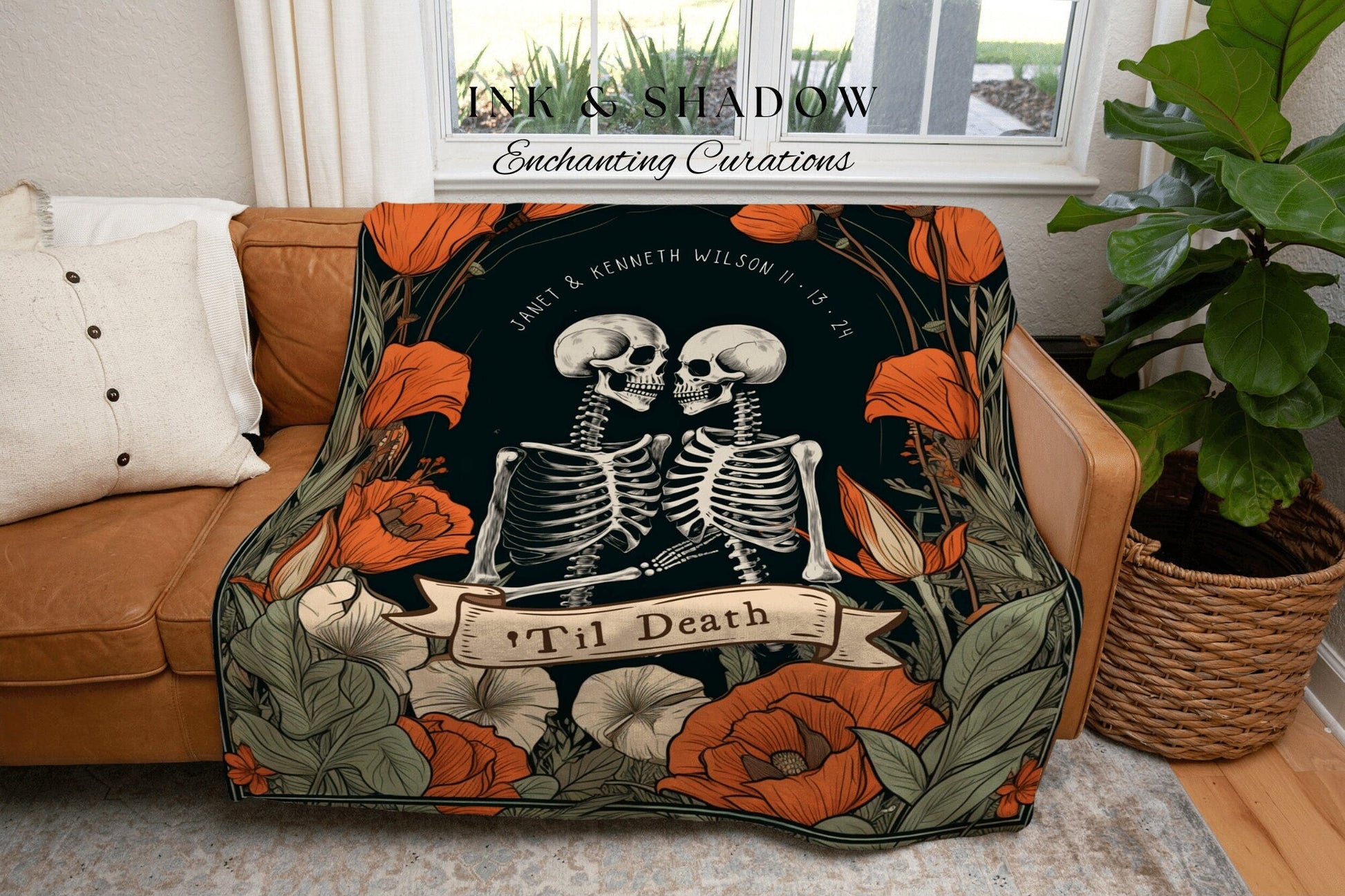 Till Death Do Us Part Personalized Wedding Gift Goth Tapestry Woven Blanket | Skeleton Couple Custom Blanket Goth Engagement Gothic Tapestry