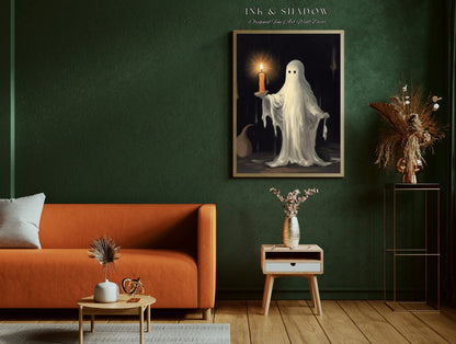 Vintage Ghost Holding a Candle | Dark Academia Ghost Art Print Halloween Lover Decor | Gothic Wall Decor Spooky Wall Art Ghost Painting |