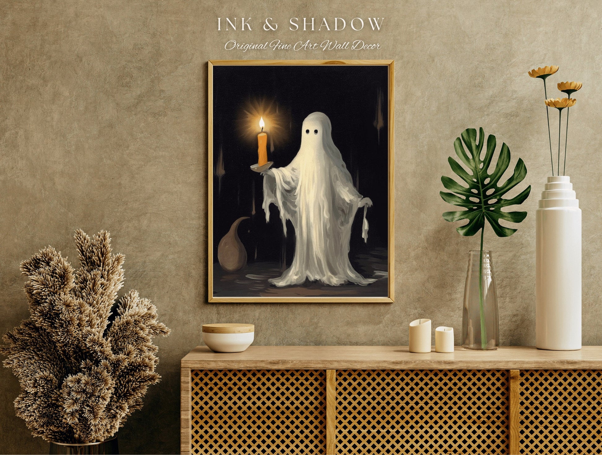 Vintage Ghost Holding a Candle | Dark Academia Ghost Art Print Halloween Lover Decor | Gothic Wall Decor Spooky Wall Art Ghost Painting |