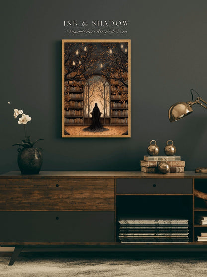 Dark Academia Wall Art Ghost in Library Autumn Aesthetic Goth Art | Victorian Ghost Painting Vintage Halloween Wall Art Reading Lover Gift