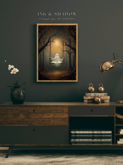 Spooky Ghost on Swing Wall Art Halloween Decor | Ghost Painting Moonlit Spooky Forest Art Print Dark Cottagecore Decor Ghost Art Print