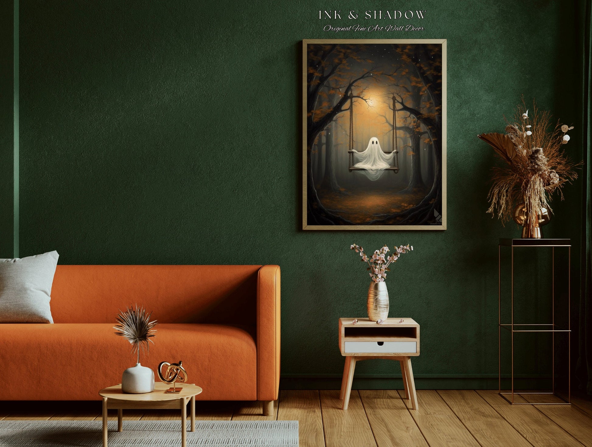 Spooky Ghost on Swing Wall Art Halloween Decor | Ghost Painting Moonlit Spooky Forest Art Print Dark Cottagecore Decor Ghost Art Print