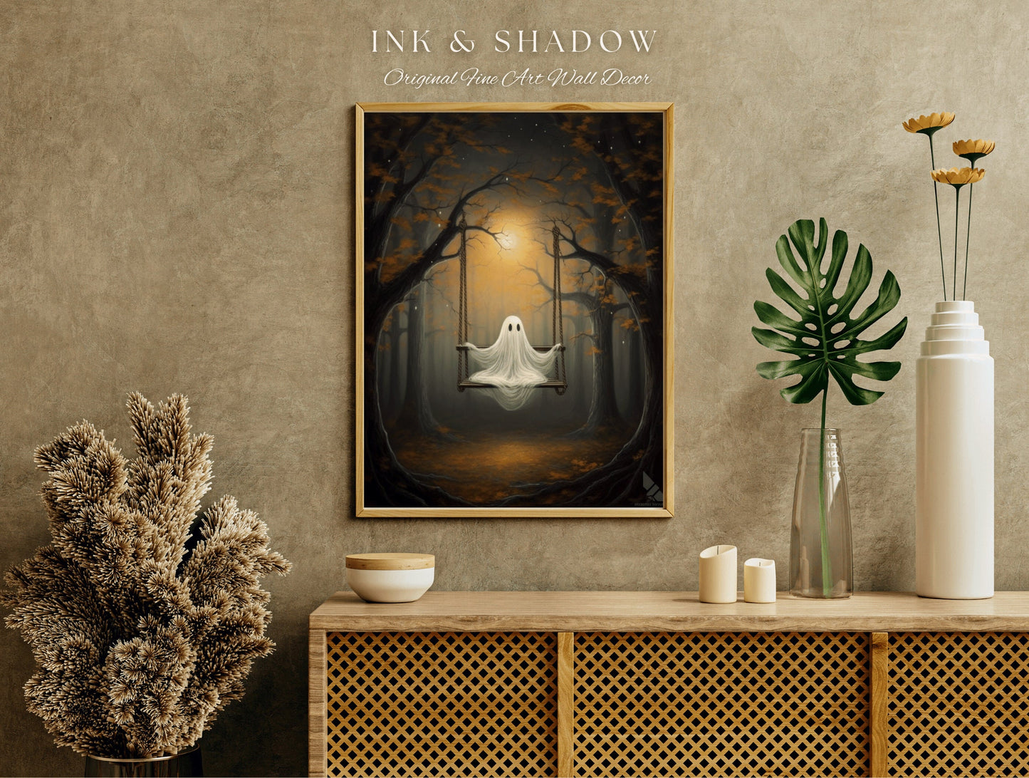 Spooky Ghost on Swing Wall Art Halloween Decor | Ghost Painting Moonlit Spooky Forest Art Print Dark Cottagecore Decor Ghost Art Print