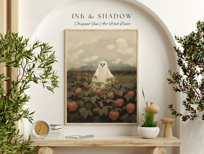 Happy Ghost in Field of Strawberries Art Vintage Charming Ghost Painting | Original Fine Art Print Cute Ghost Print Cottagecore Wall Decor