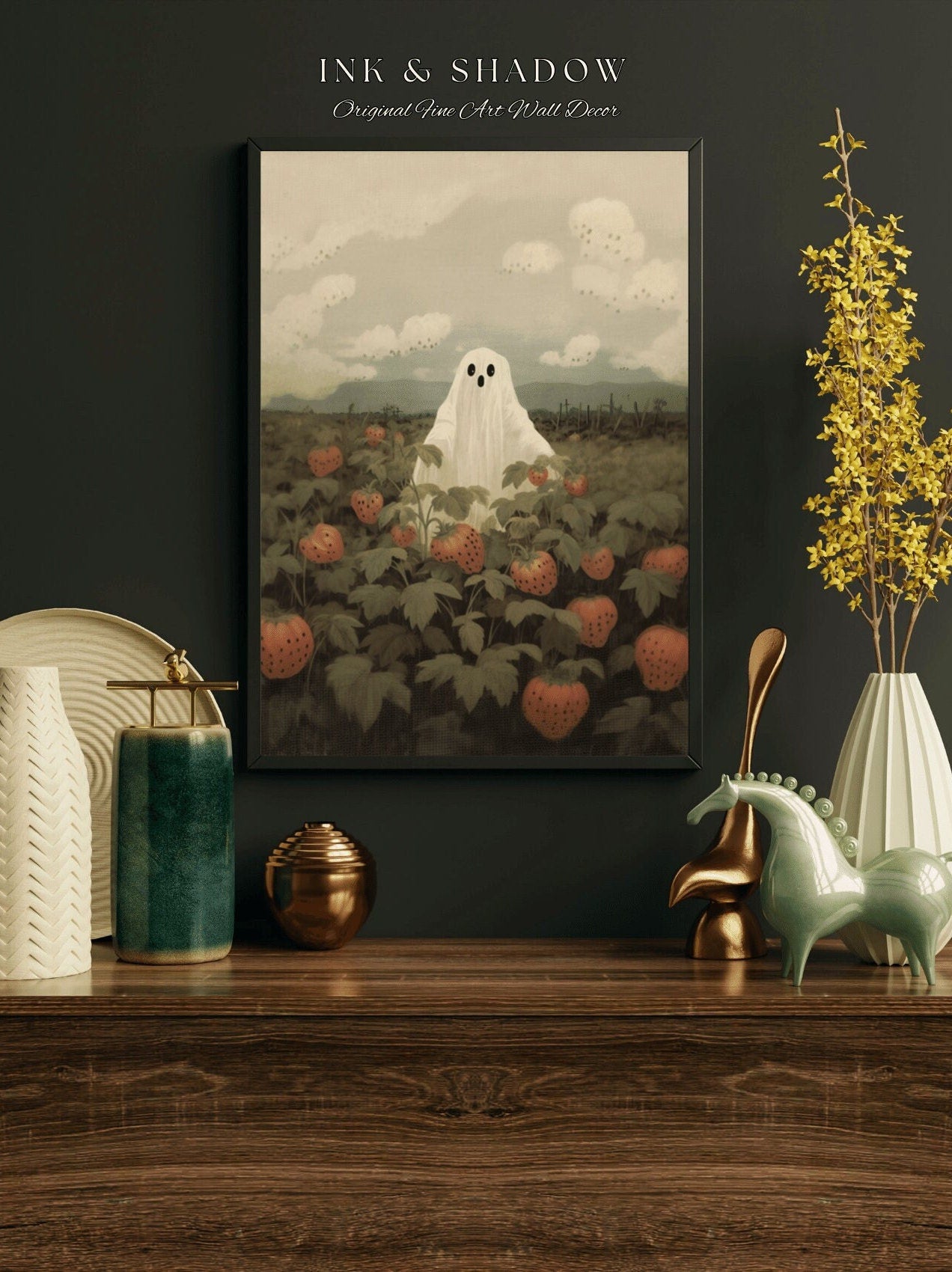 Happy Ghost in Field of Strawberries Art Vintage Charming Ghost Painting | Original Fine Art Print Cute Ghost Print Cottagecore Wall Decor