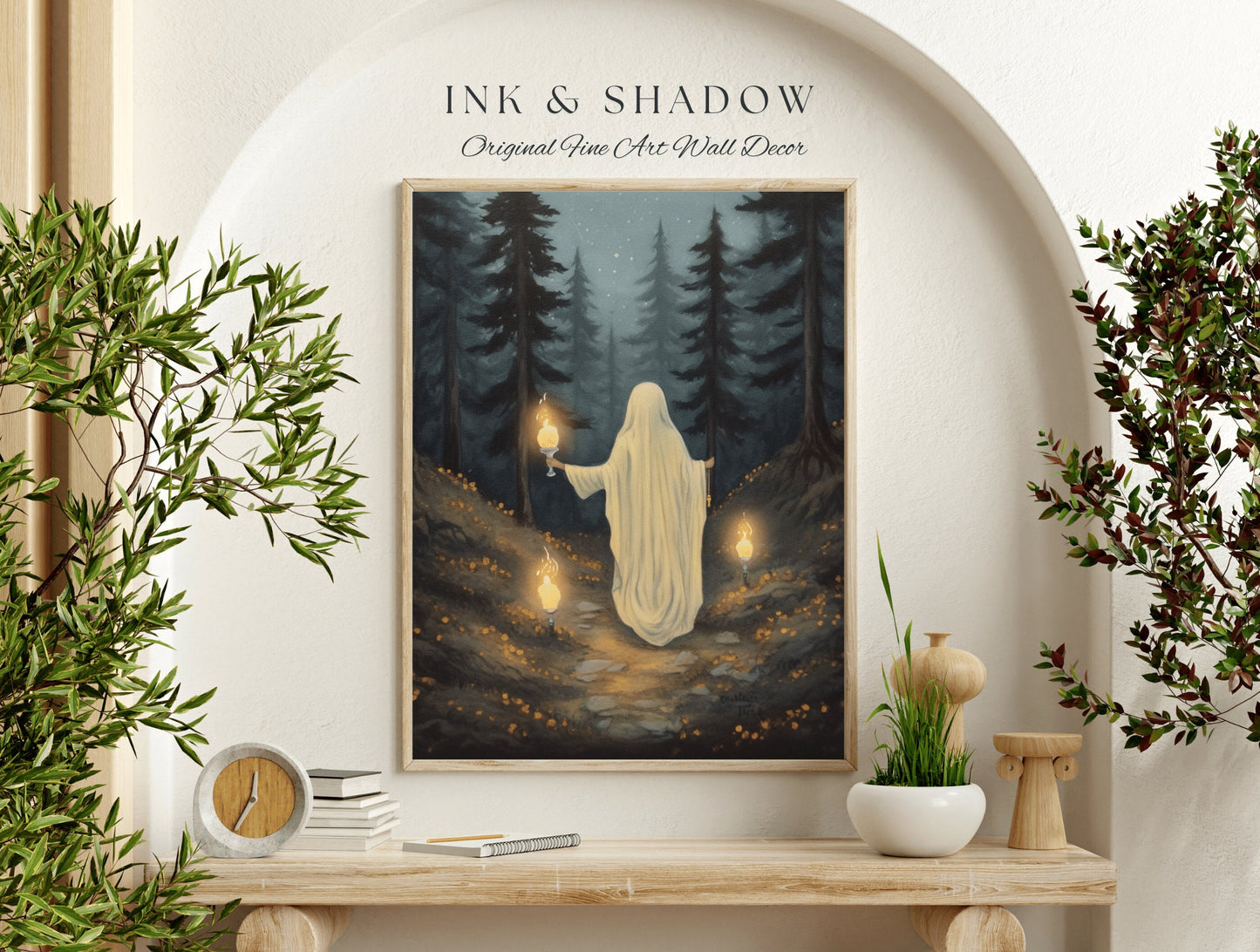 Ghostly Night Hike by Candlelight Moody Art Print Dark Academia Decor | Spooky Ghost Painting Dark Cottagecore Wall Art Whimsigoth Decor