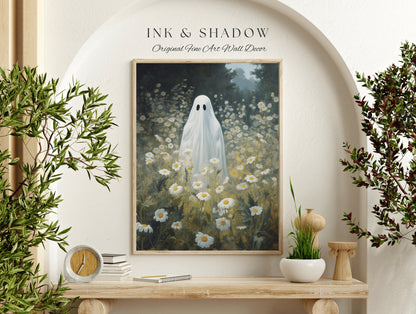 Ghost in Field of Daisies Haunted Meadows Fine Art Print | Spooky Decor Ghost Painting Cottagecore Wall Art Whimsigothic Decor Vintage Art |