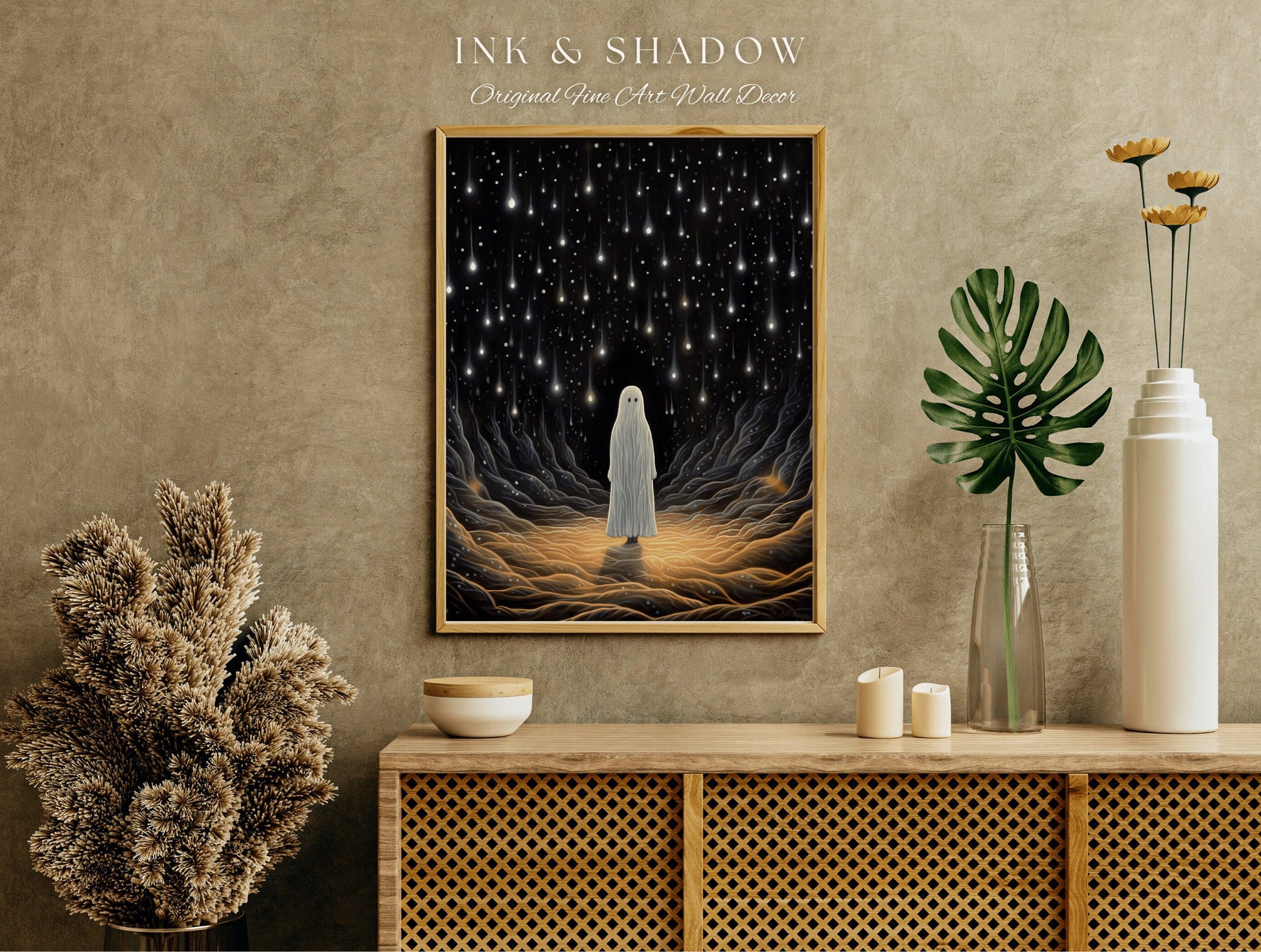 Shooting Stars Ghost Painting Moody Art Print Dark Academia | Starry Night Ghost Art Dark Cottagecore Wall Decor Original Fine Art Print |