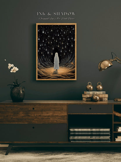 Shooting Stars Ghost Painting Moody Art Print Dark Academia | Starry Night Ghost Art Dark Cottagecore Wall Decor Original Fine Art Print |