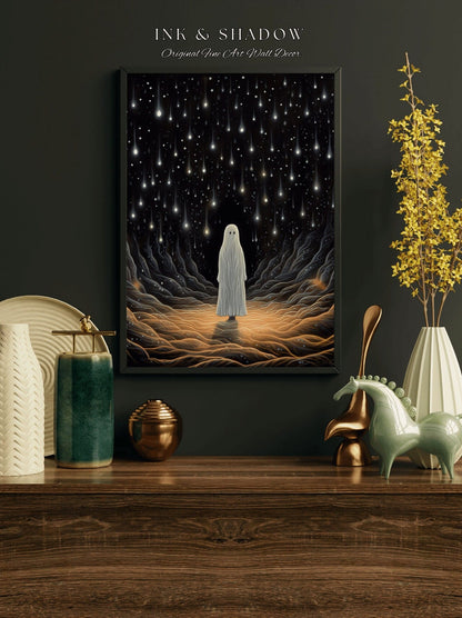 Shooting Stars Ghost Painting Moody Art Print Dark Academia | Starry Night Ghost Art Dark Cottagecore Wall Decor Original Fine Art Print |