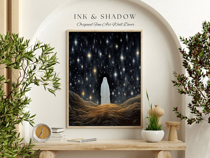 Falling Stars Ghost Painting Dark Cottagecore Decor Celestial Art | Night Sky Shooting Stars Cute Ghost Spooky Wall Decor Whimsigoth Art |