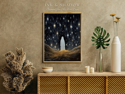 Falling Stars Ghost Painting Dark Cottagecore Decor Celestial Art | Night Sky Shooting Stars Cute Ghost Spooky Wall Decor Whimsigoth Art |