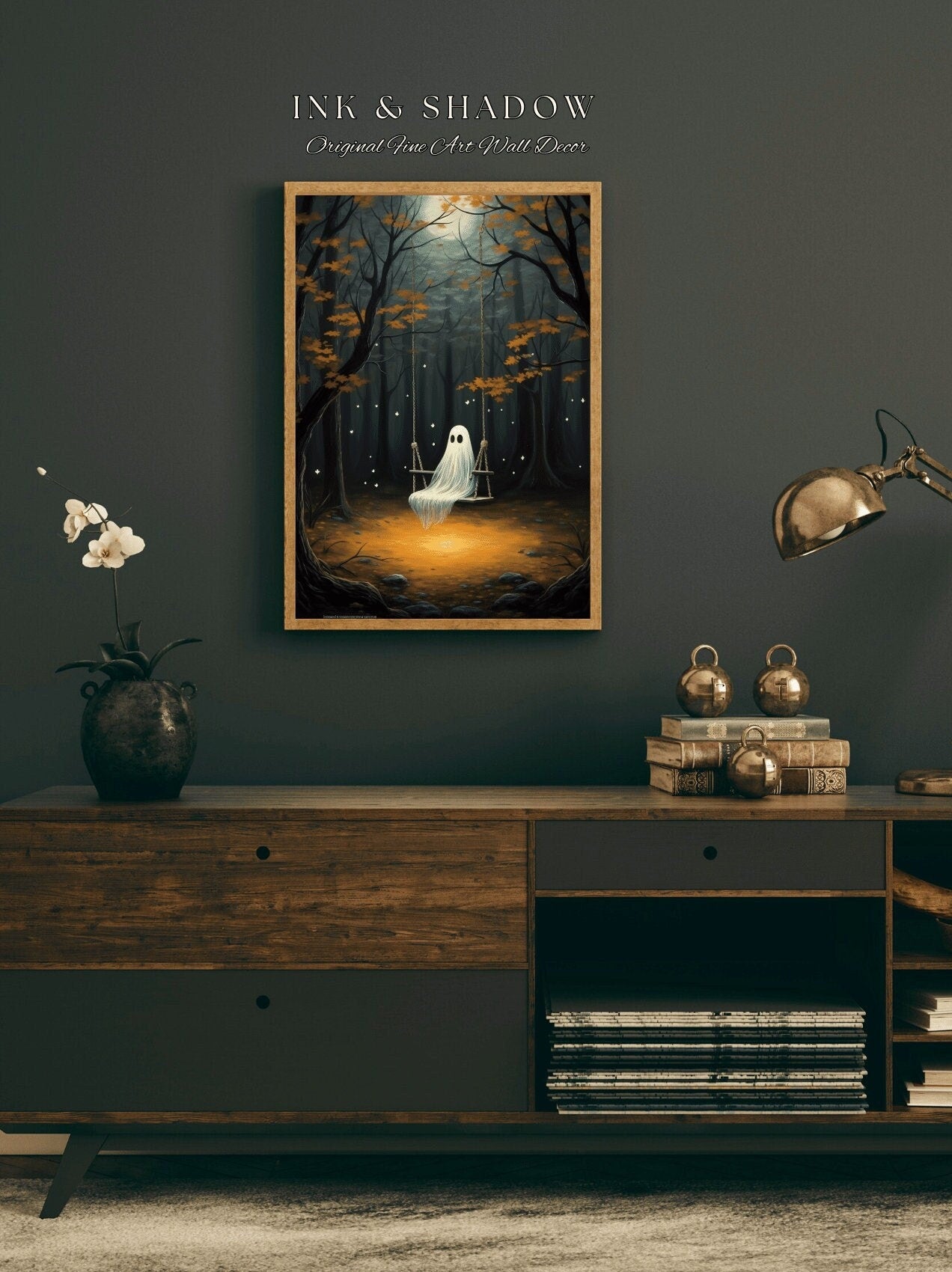 Moody Moonlit Forest Art Print Ghost Painting Dark Cottagecore Decor | Cute Ghost on Swing Spooky Wall Art Vintage Witchy Halloween Decor