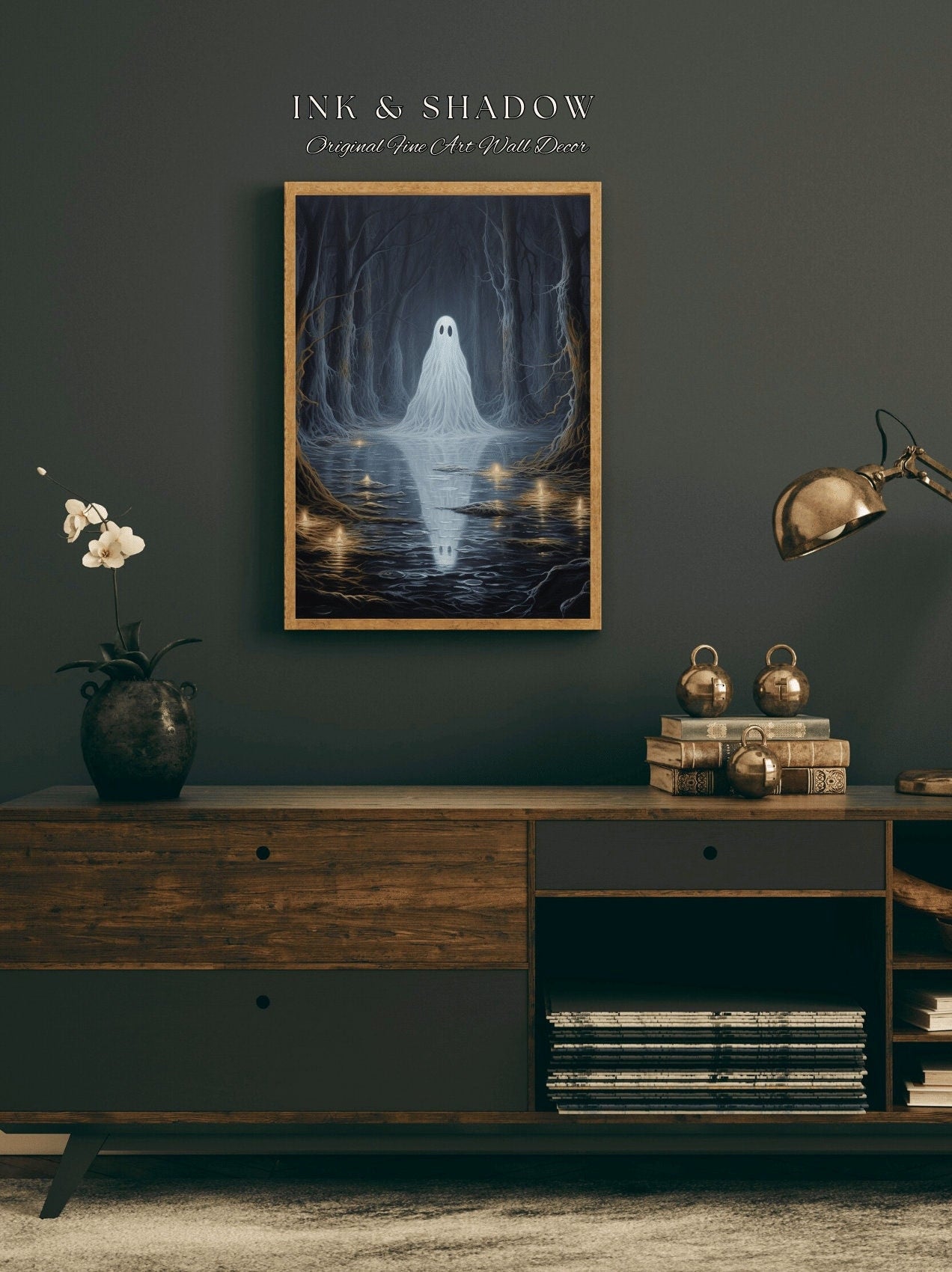 Haunted Forest Moonlit Ghost Reflection Woodland Gothic Art Print | Whimsigoth Moody Landscape Print Dark Cottagecore Forest Ghost Painting