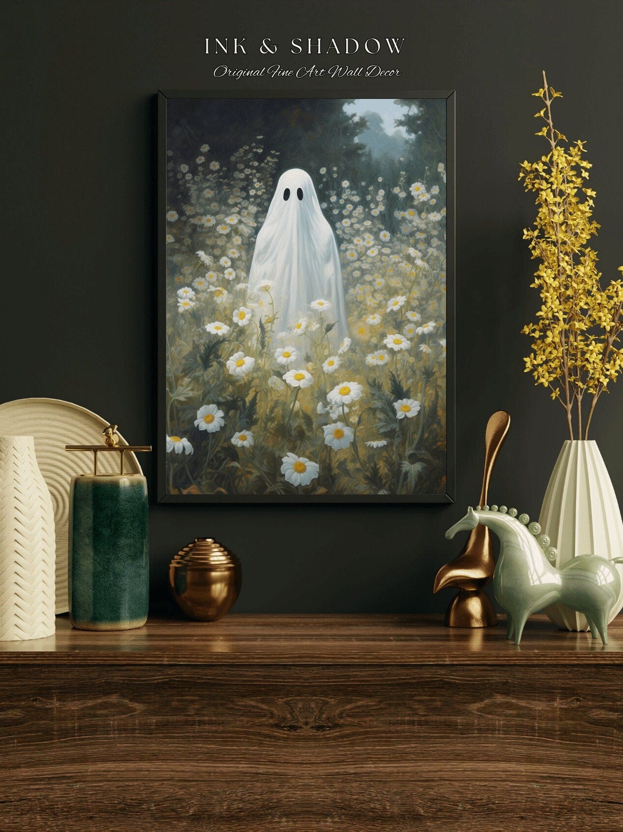 Ghost in Field of Daisies Haunted Meadows Fine Art Print | Spooky Decor Ghost Painting Cottagecore Wall Art Whimsigothic Decor Vintage Art |