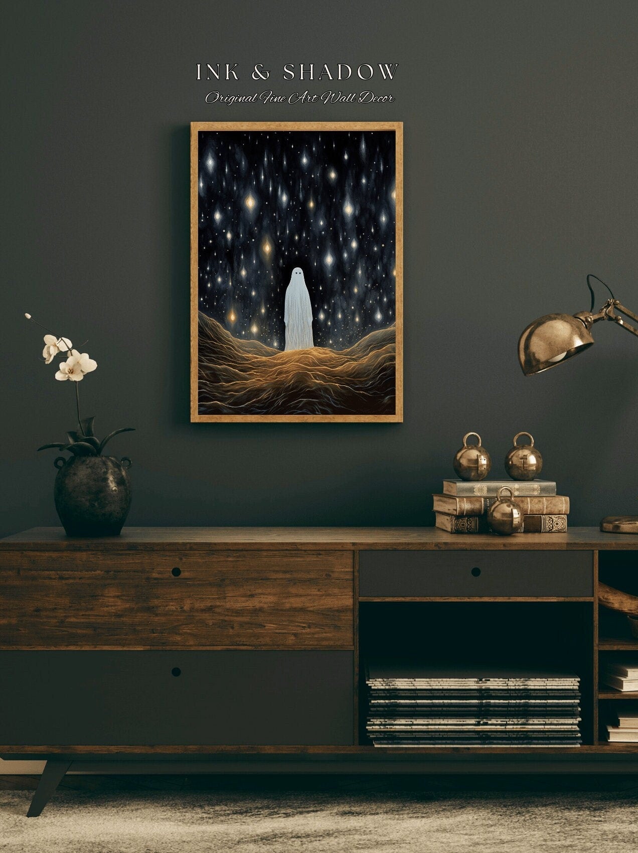 Falling Stars Ghost Painting Dark Cottagecore Decor Celestial Art | Night Sky Shooting Stars Cute Ghost Spooky Wall Decor Whimsigoth Art |