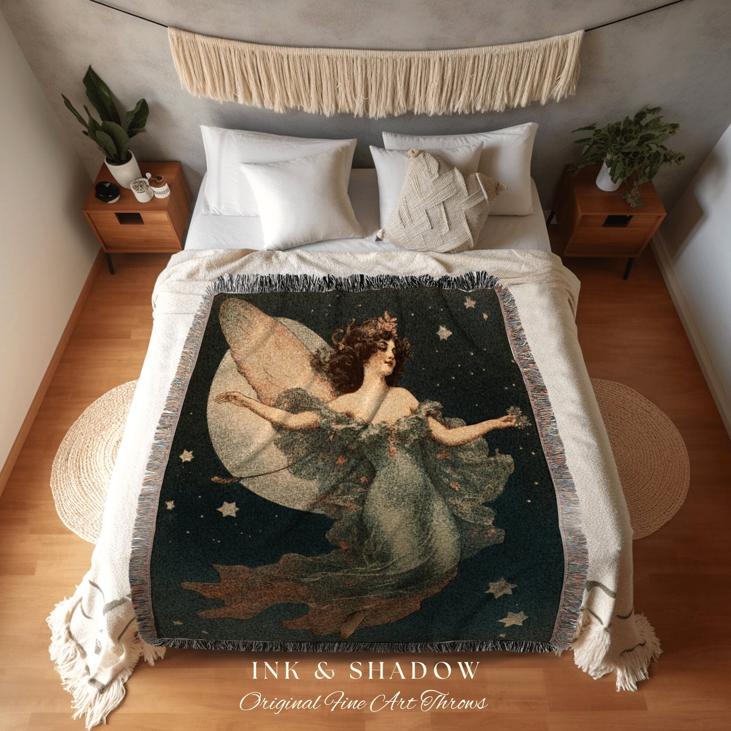 Celestial Tapestry Woven Blanket Vintage Fairy Aesthetic Celestial Wall Art | Cottagecore Decor Halloween Vintage Tapestry Woven Art Blanket