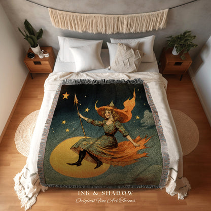 Halloween Blanket Vintage Witchy Aesthetic Celestial Wall Art | Funny Tapestry Woven Decor Halloween Witch Vintage Tapestry Woven Blanket |