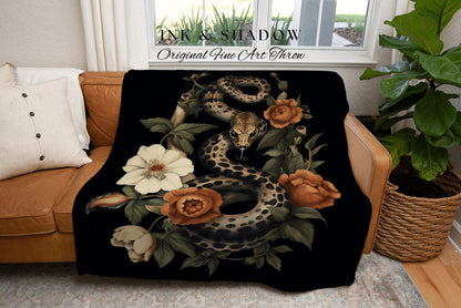 Dark Floral Serpent Blanket Woven | Dark Academia Aesthetic Occult Decor Blanket Woven | Desert Rose Tapestry Goth Room Decor Macabre Snake