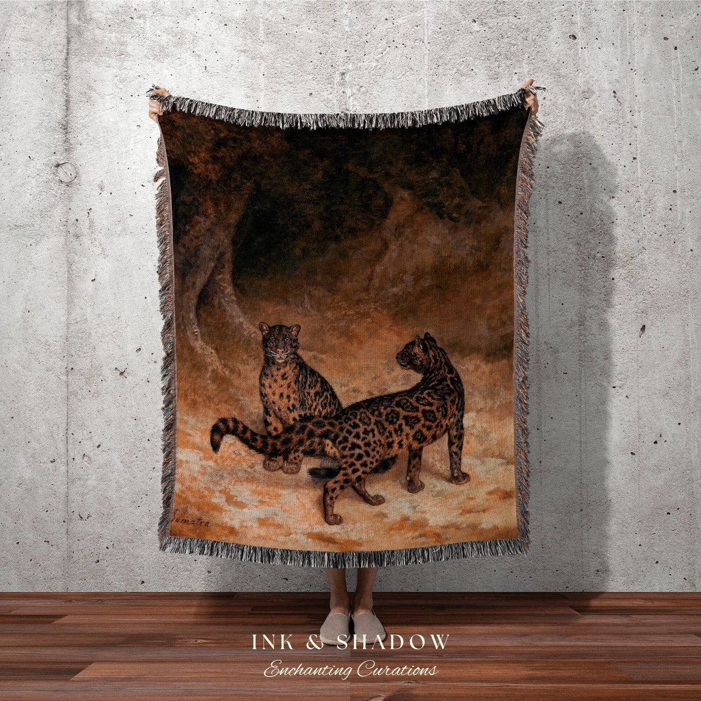 Woven Tapestry Leopard Painting | Gothic Renaissance Blanket Woven | Whimsigoth Room Decor Witchy Aesthetic Vintage Art Cheetah Blanket |