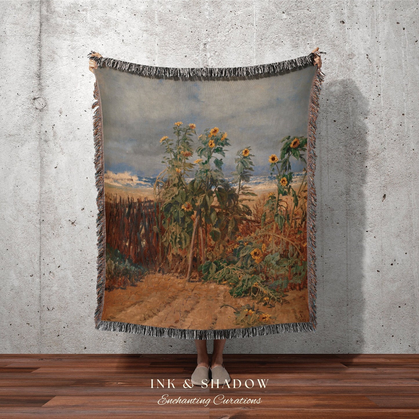 Sunflower Painting Tapestry Woven | Vintage Art Woven Blanket | Sunflower Aesthetic Tapestry Woven | Bookish Room Decor Aesthetic Blanket |