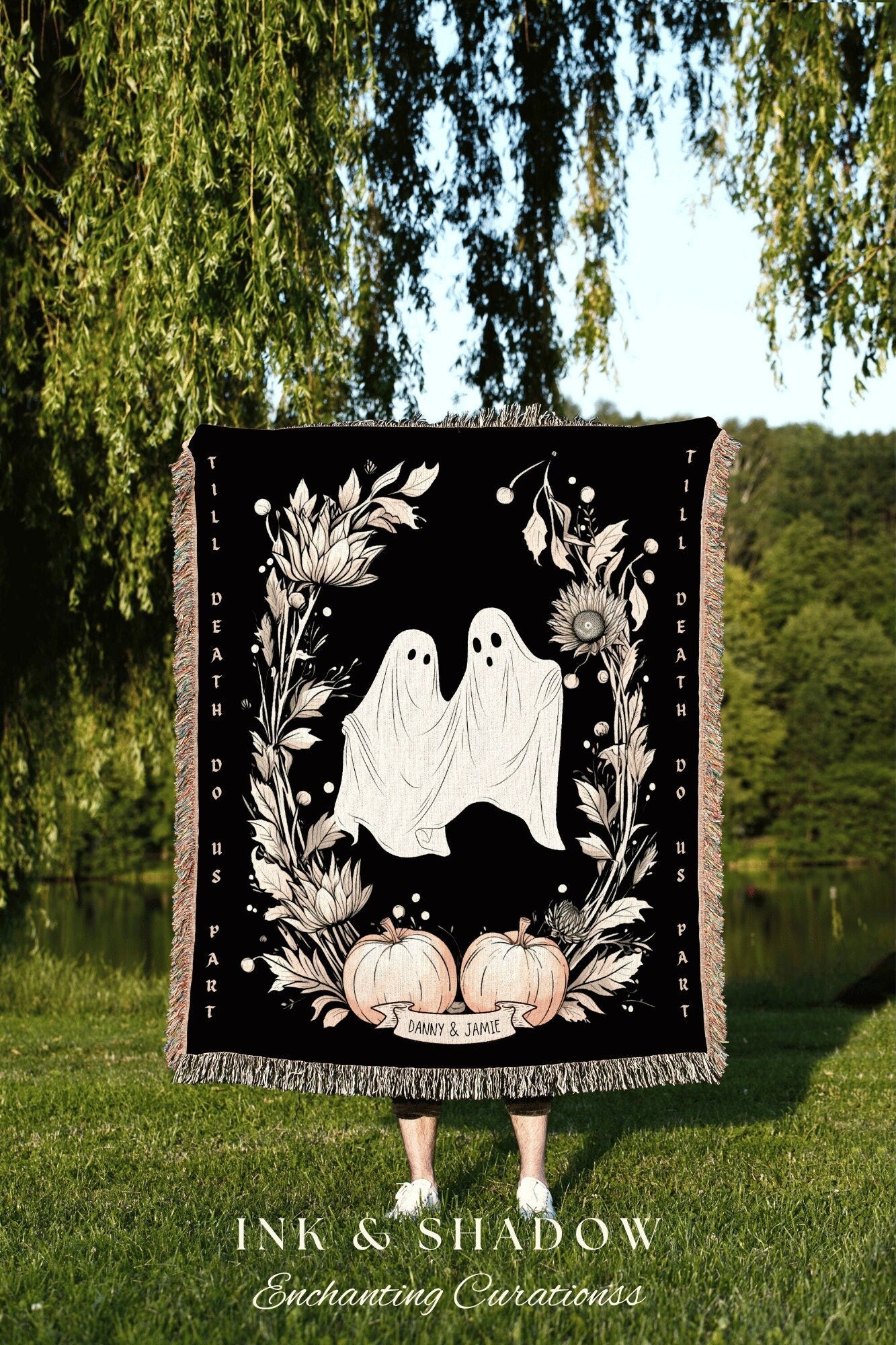 Till Death Do Us Part Ghost Couple Personalized Wedding Blanket | Spooky Halloween Tapestry Woven Ghost Gifts Thoughtful Anniversary Gifts