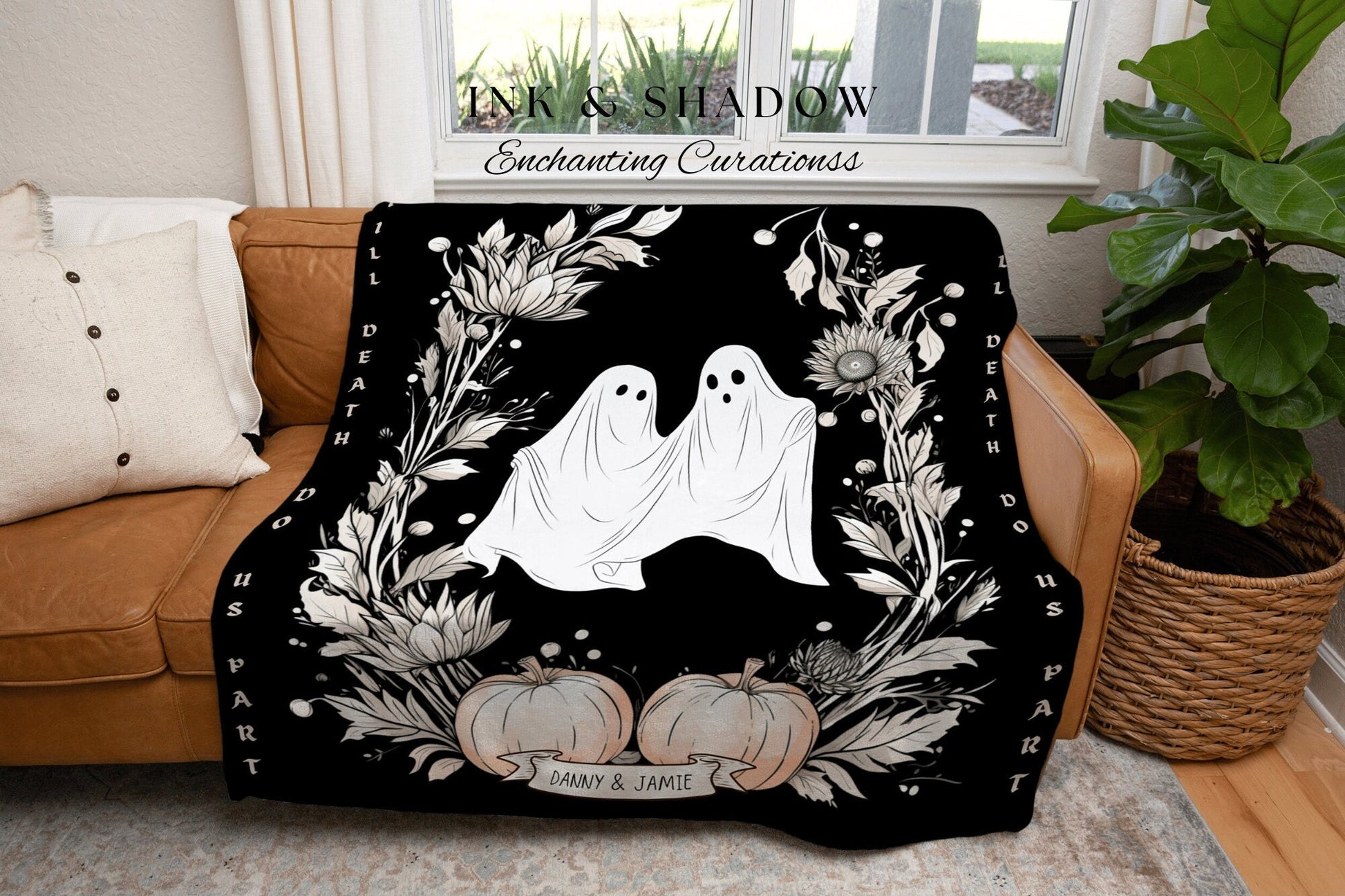 Till Death Do Us Part Ghost Couple Personalized Wedding Blanket | Spooky Halloween Tapestry Woven Ghost Gifts Thoughtful Anniversary Gifts