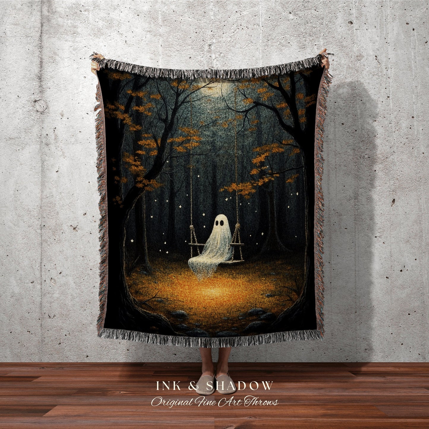 Haunted Forest Ghost on a Swing | Fall Aesthetic Vintage Ghost Art Woven Tapestry Halloween Decor Dark Academia Wall Art Ghost Blanket Woven