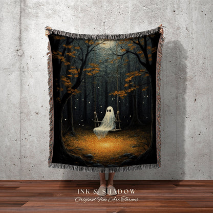 Haunted Forest Ghost on a Swing | Fall Aesthetic Vintage Ghost Art Woven Tapestry Halloween Decor Dark Academia Wall Art Ghost Blanket Woven