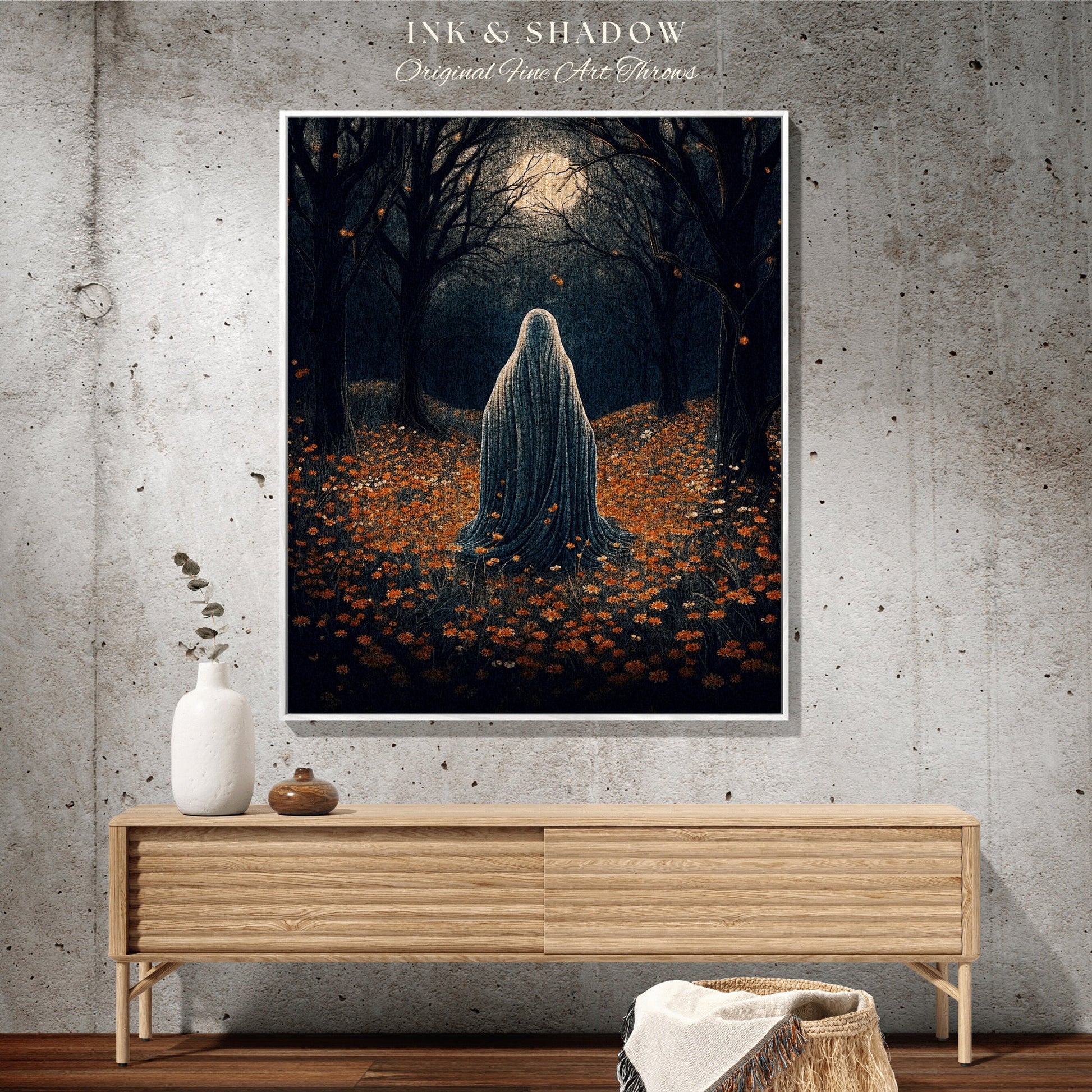 Halloween Night Spooky Ghost Blanket | Fall Aesthetic Vintage Ghost Art Woven Tapestry Halloween Decor Dark Academia Art Ghost Blanket Woven