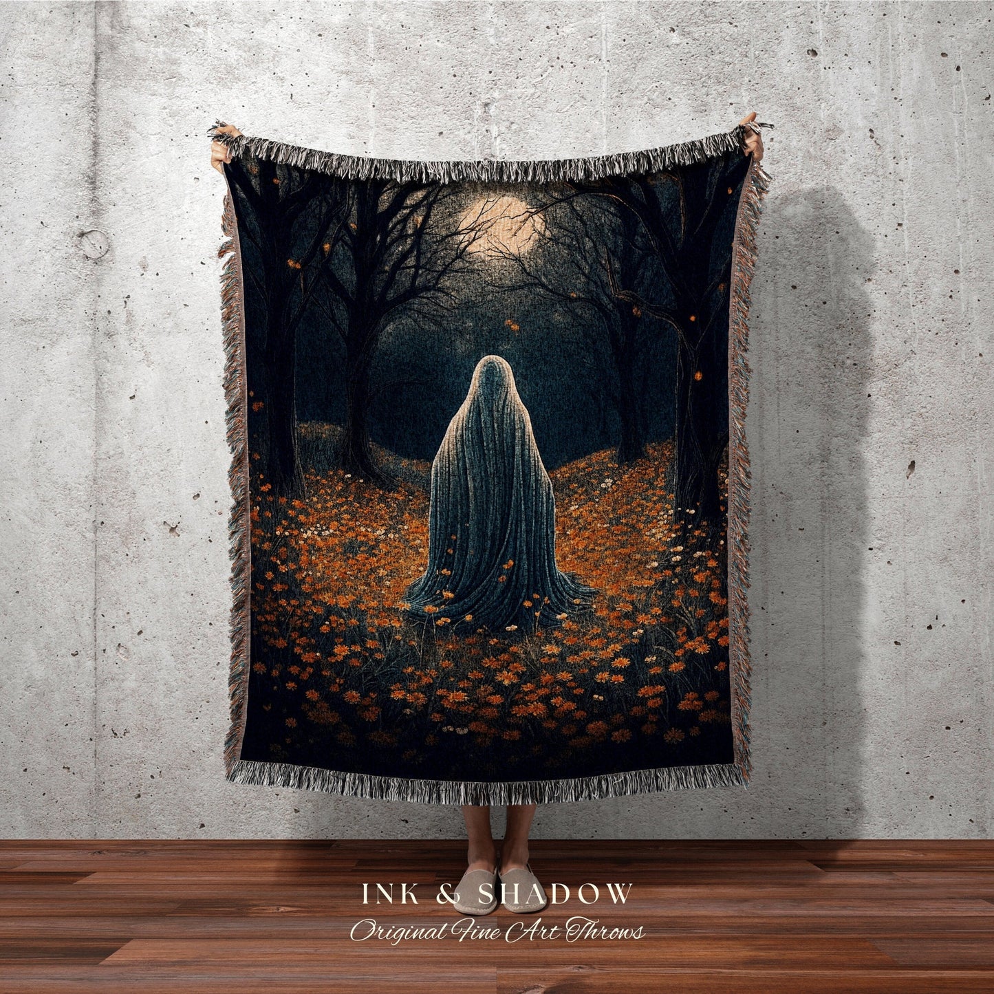 Halloween Night Spooky Ghost Blanket | Fall Aesthetic Vintage Ghost Art Woven Tapestry Halloween Decor Dark Academia Art Ghost Blanket Woven