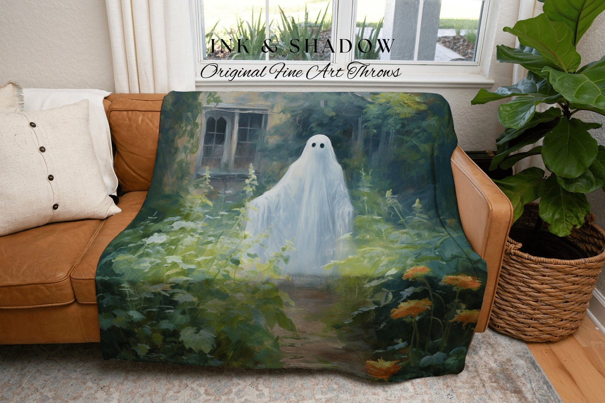 Whimsigoth Garden Ghost Halloween Art Blanket Woven | Fall Aesthetic Vintage Ghost Art Woven Tapestry Halloween Decor Dark Academia Blanket