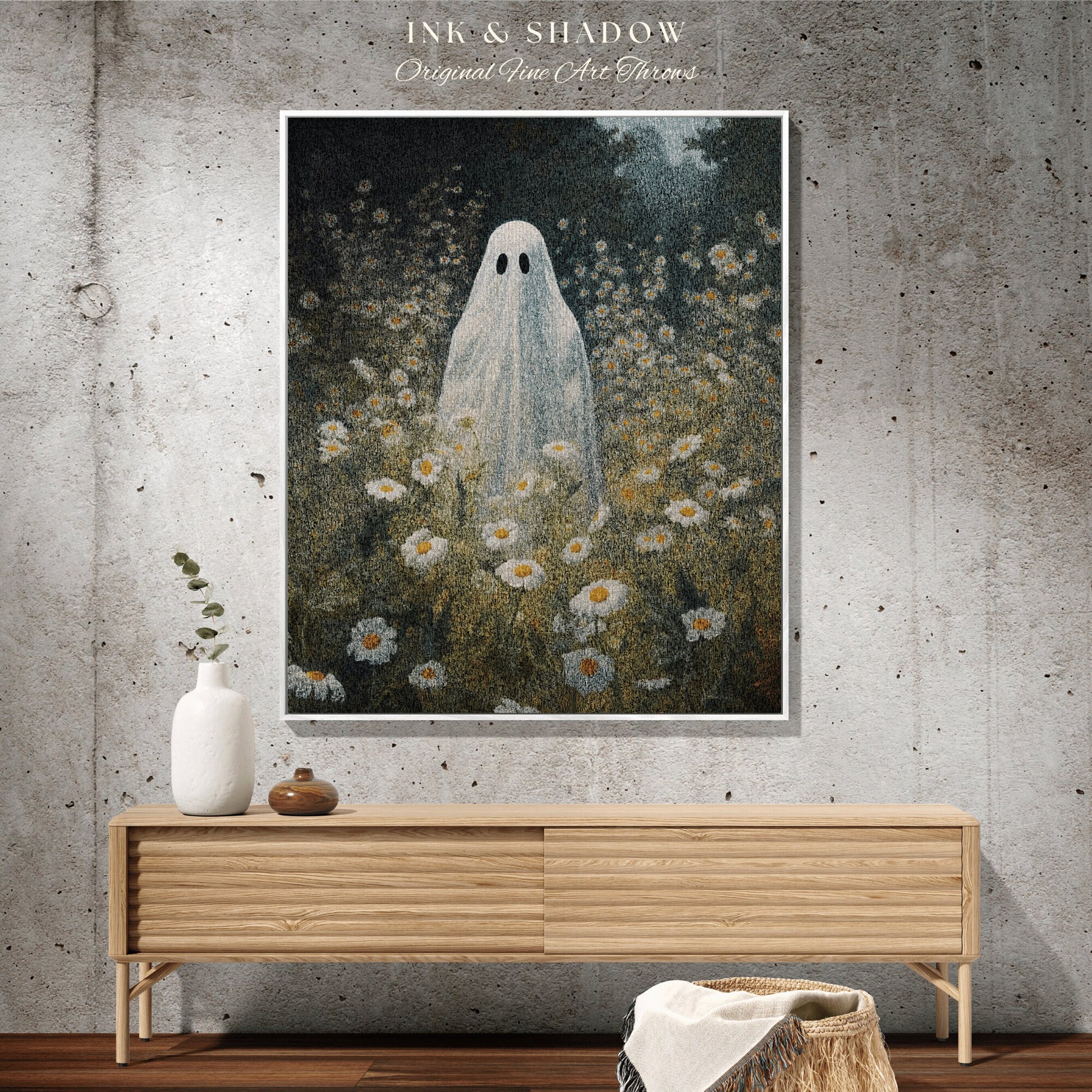 Sheet Ghost Wall Art Halloween Blanket Woven | Fall Aesthetic Vintage Ghost Art Woven Tapestry Halloween Decor Dark Academia Ghost Blanket