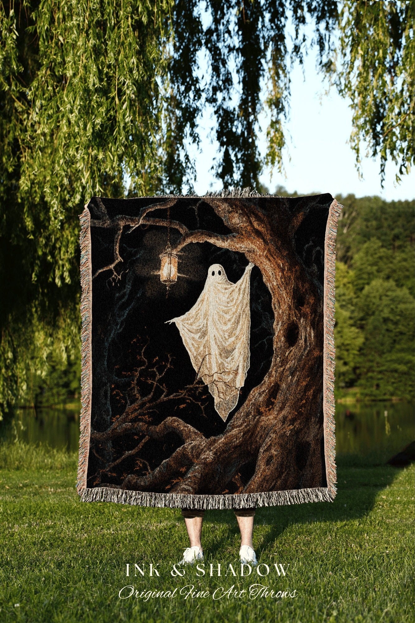 Spooky Ghost Tapestry Vintage Blanket | Fall Aesthetic Vintage Ghost Art Woven Tapestry Halloween Decor Dark Academia Decor Ghost Blanket |