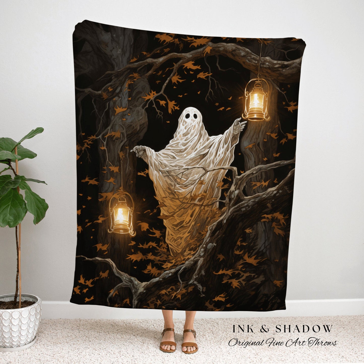 Woodland Ghost Vintage Blanket Halloween | Fall Aesthetic Vintage Ghost Art Woven Tapestry Halloween Decor Dark Academia Art Ghost Blanket |