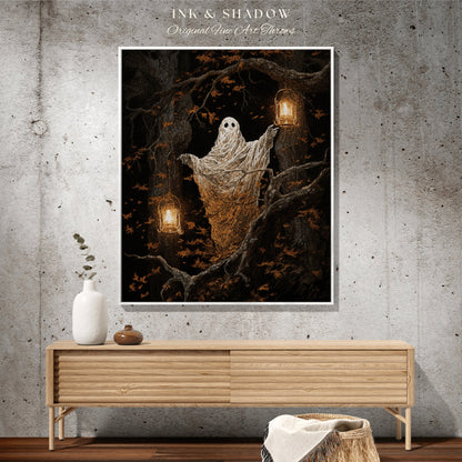 Woodland Ghost Vintage Blanket Halloween | Fall Aesthetic Vintage Ghost Art Woven Tapestry Halloween Decor Dark Academia Art Ghost Blanket |