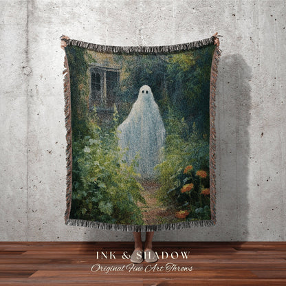 Whimsigoth Garden Ghost Halloween Art Blanket Woven | Fall Aesthetic Vintage Ghost Art Woven Tapestry Halloween Decor Dark Academia Blanket