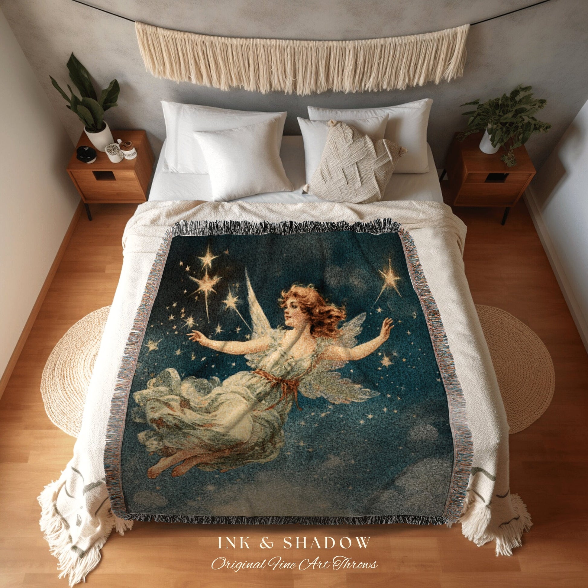 Vintage Fairy Tapestry Halloween Decor Blanket Woven Throw | Retro Halloween Decor Fairycore Art Midcentury Halloween Art Celestial Bedroom