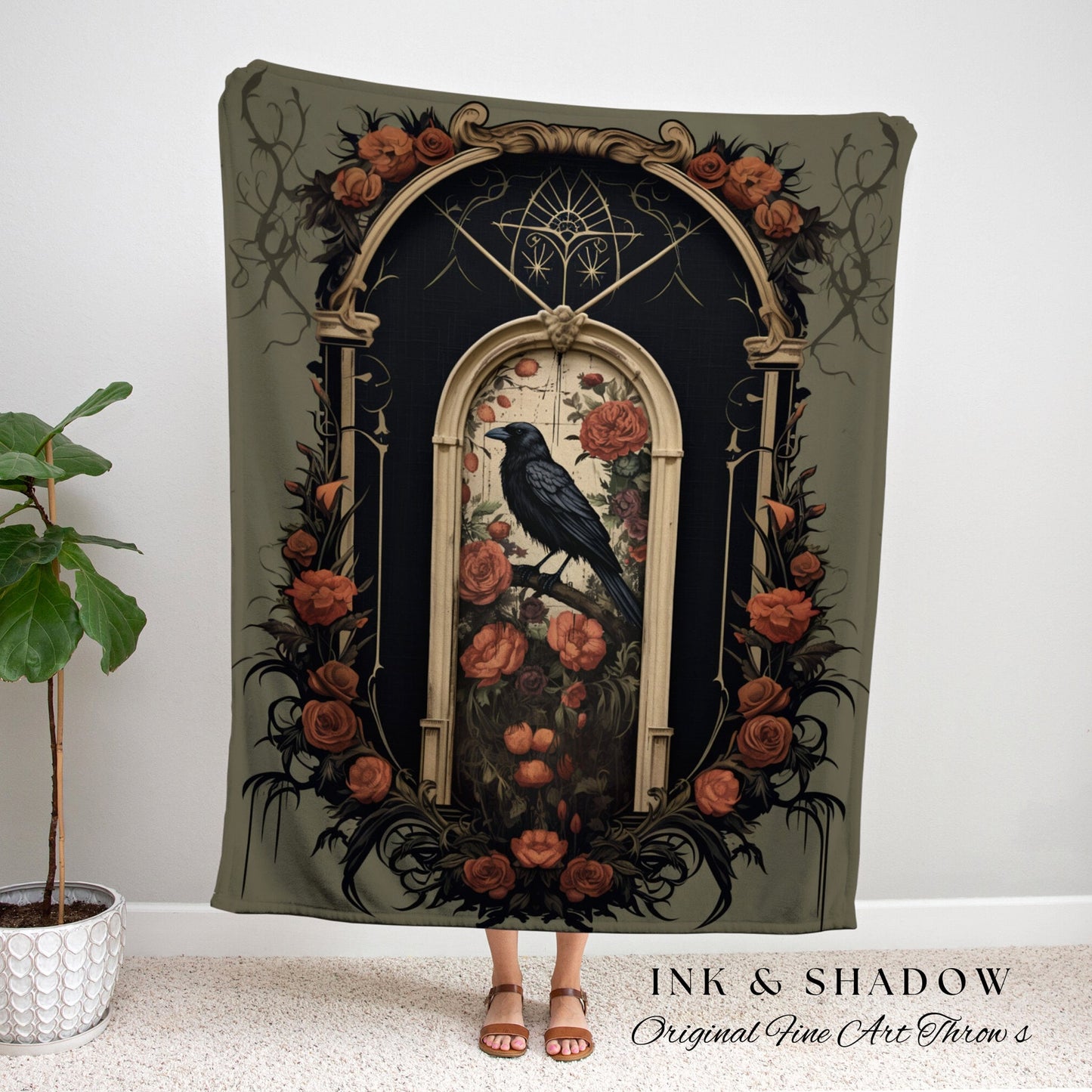 Macacre Room Decor Dark Academia Tapestry Dark Cottagecore | Vintage Occult Tapestry Raven Home Decor | Dark Floral Aesthetic Decor Witchy |