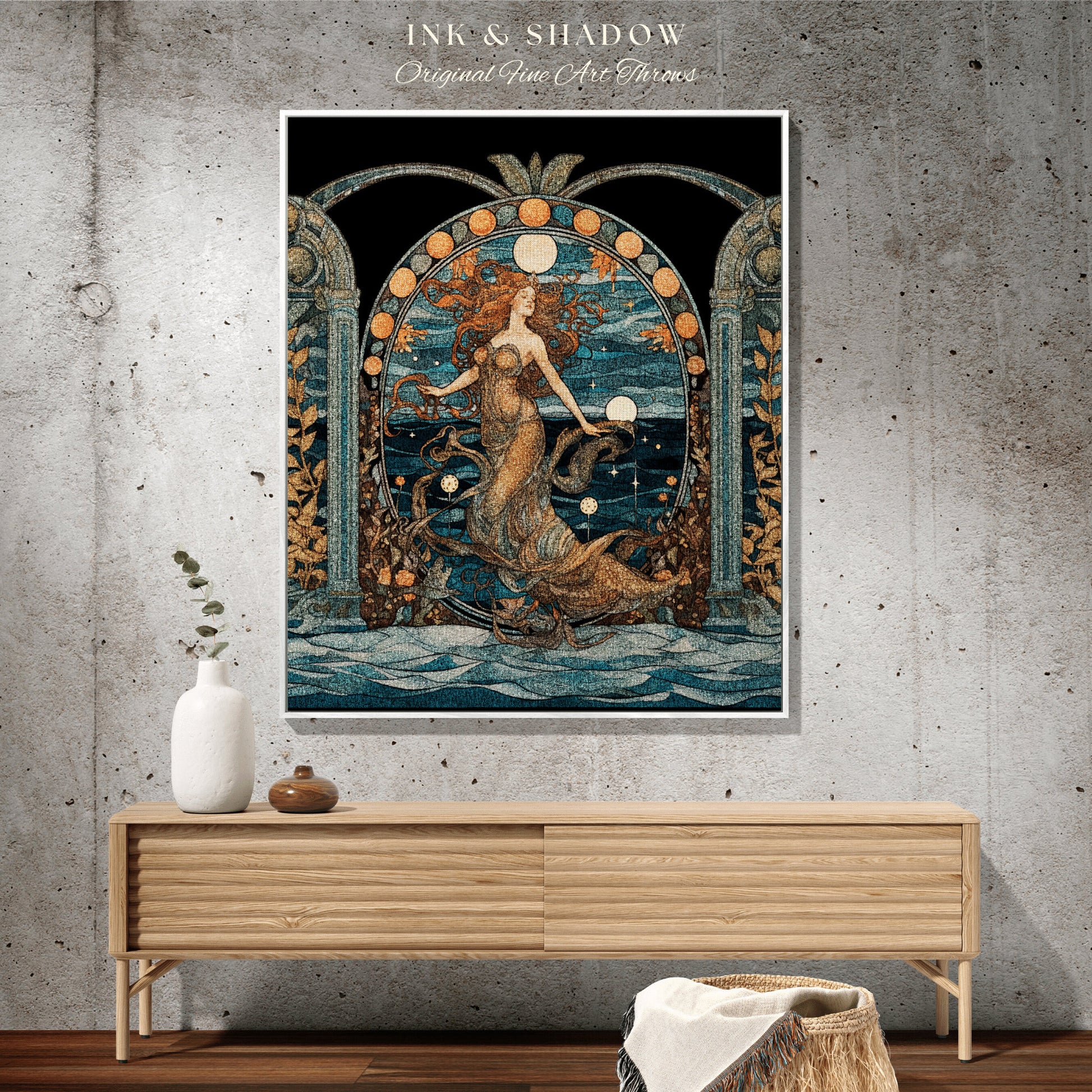 Vintage Mermaid Art Nouveau Sea Witch Tapestry Mermaidcore Wall Art Celestial Decor Throw Blanket Woven | Mermaid Aesthetic Bedroom Decor |