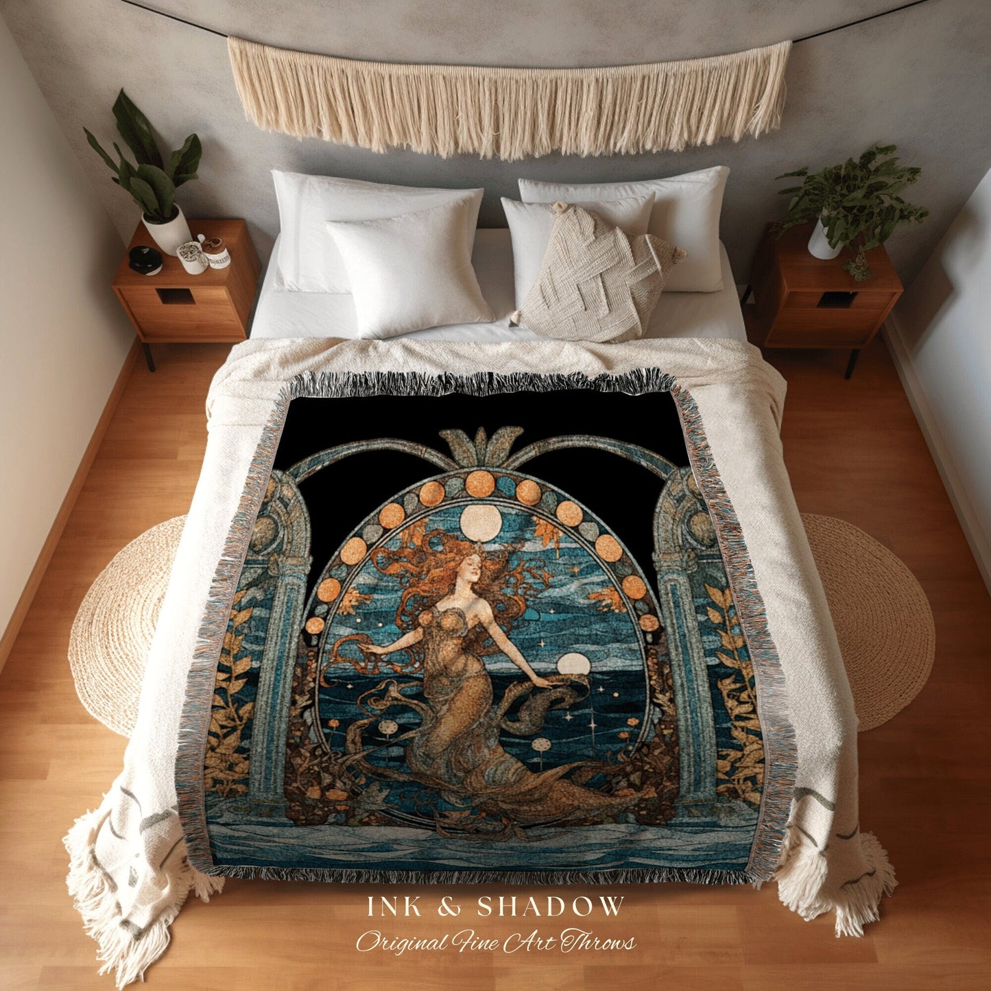 Vintage Mermaid Art Nouveau Sea Witch Tapestry Mermaidcore Wall Art Celestial Decor Throw Blanket Woven | Mermaid Aesthetic Bedroom Decor |